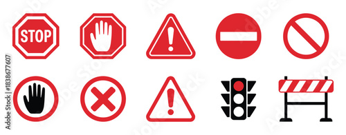 Set of Red Warning and Prohibition Signs, a flat vector collection featuring stop, hand, danger, no entry, traffic light, and barrier icons for safety, traffic, construction, and alert applications