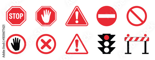 Set of Red Warning and Prohibition Signs, a professional vector pack including danger symbols, stop signs, no entry icons, hand gestures, traffic lights, and barriers suitable for safety and construct