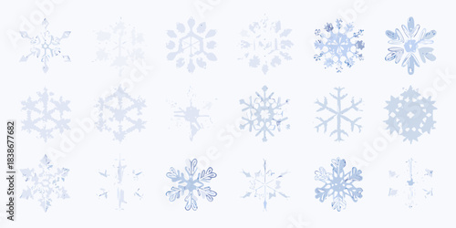 A collection of delicate light blue watercolor snowflake illustrations on a white background