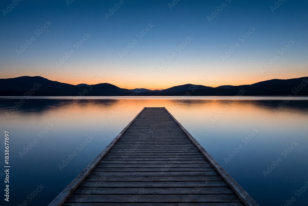 Fototapeta premium Wooden pier stretching into calm lake water with distant mountains at colorful sunset
