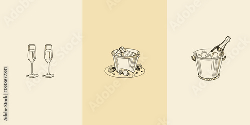 Champagne celebration glasses ice bucket and a bottle on a light background