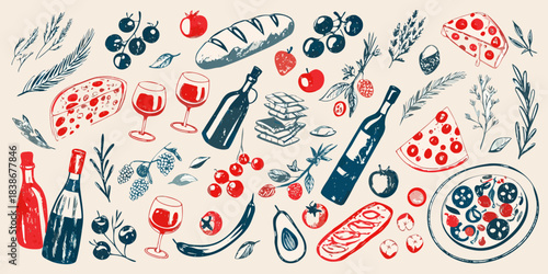 A colorful illustration of italian food and drink ingredients in a pattern