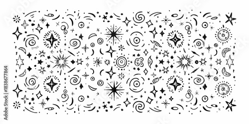 Delicate black and white doodle pattern featuring various star and swirl shapes