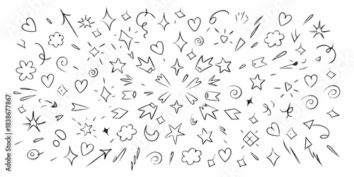 A whimsical collection of hand drawn doodles hearts stars and various shapes