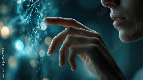 cinematic close-up of a human hand gently touching a transparent screen displaying abstract data visualizations and interconnected lines, cool blue and green light, bokeh effect