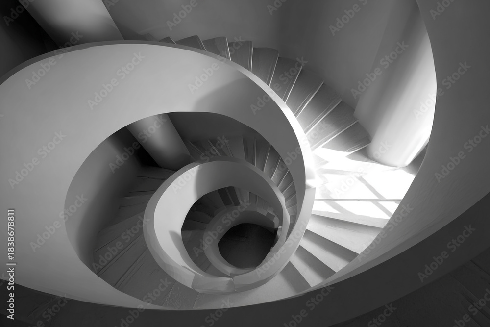 Fototapeta premium Abstract high-angle view of a white architectural spiral staircase. Monochrome, geometric design with ambient light.