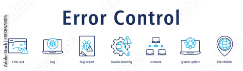 Error Control banner with icons of Error 404, Bug, Bug Report, Troubleshooting, Network, System Update and Placeholder.