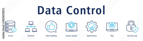 Data Control banner with icons of Server, Network, Data Handling, System Update, Optimization, Bug and Security Lock.