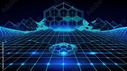 Futuristic Digital Cyberspace Blockchain Network Grid Background Isolated background