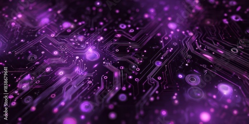 Digital circuit board with glowing purple lights in a dark abstract background.