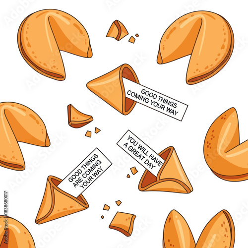 Cartoon fortune cookies with positive messages, some broken, vector illustration
