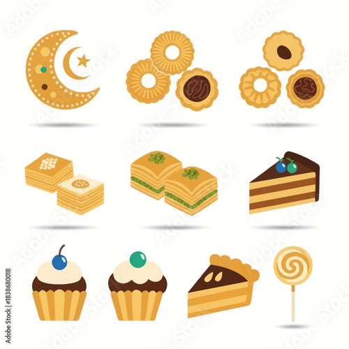 Assortment of delicious desserts, including cookies, baklava, cakes, cupcakes, and a crescent moon symbol