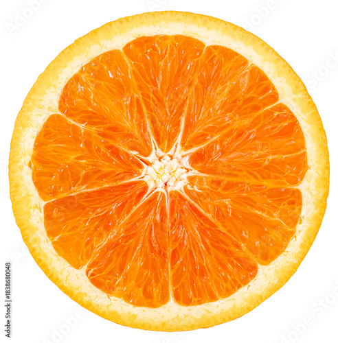 A fresh half cut open orange isolated on white background, Juicy and bright orange flesh on White Background With clipping pat,PNG File.