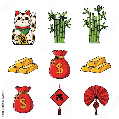 Collection of Asian Prosperity and Good Luck Symbols: Maneki-neko, Gold, Bamboo, Money Bags, and Ornaments