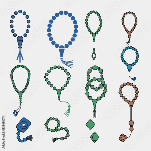 Collection of Colorful Prayer Beads Illustrations with Various Shapes and Tassels