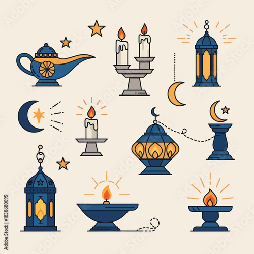 Collection of Islamic and Middle Eastern lamps, lanterns, candles, crescent moons, and stars vector art