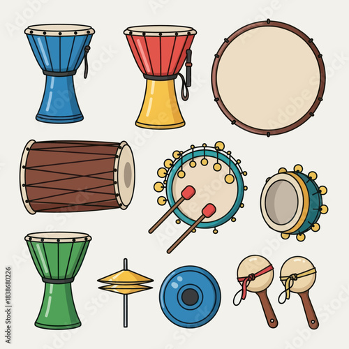 Colorful Percussion Musical Instruments Vector Illustration Set