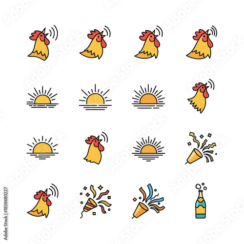 Colorful Morning and Celebration Themed Flat Line Icons Set