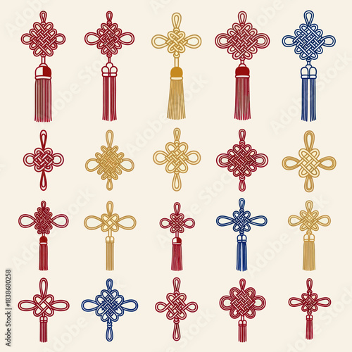 Colorful Traditional Chinese Knots Pattern with Tassels and Auspicious Symbols