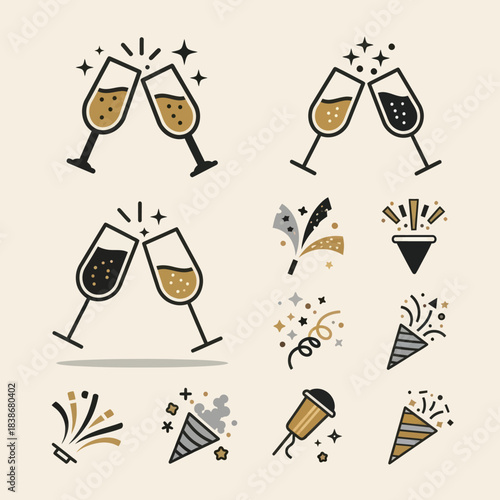 Festive celebration icons set with champagne glasses, party poppers, and confetti