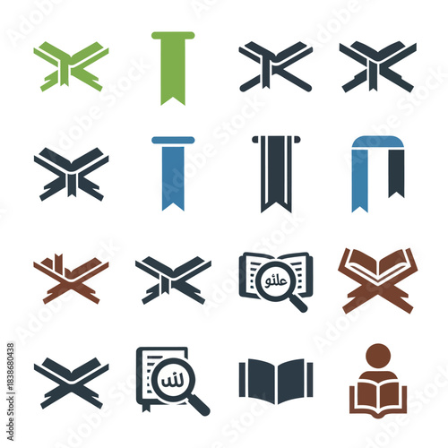 Flat design icons of Quran, Islamic holy books, reading, and bookmarks