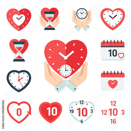 Flat Design Vector Icons: Heart-shaped Clocks, Hourglasses, and Calendars for Love, Time, and Date Concepts