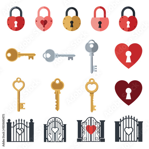 Flat design vector set of heart-themed padlocks, keys, and decorative gates