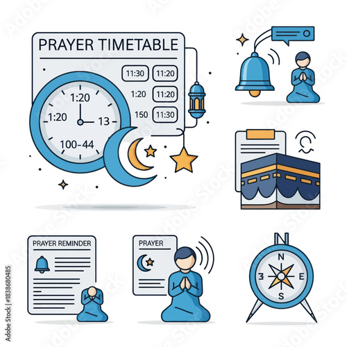 Flat Line Art Icons for Islamic Prayer Timetable, Reminder, Kaaba, and Qibla Compass