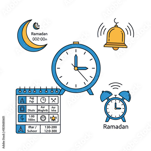 Islamic Ramadan prayer schedule illustration featuring clocks, crescent moon, and alarm bell