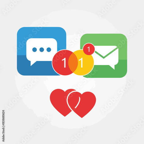 Modern flat design icons representing digital communication, social media notifications, and likes