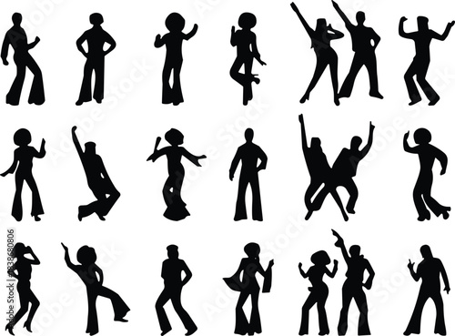 Retro disco dancers silhouettes, people dancing in 70s style, vintage party concept, energetic movement illustration, nightlife celebration black figures design