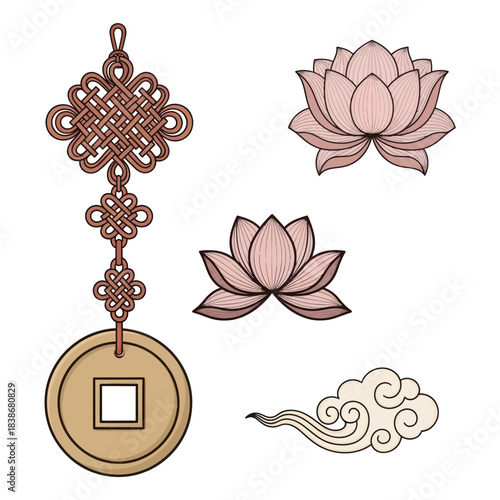 Traditional Chinese Cultural Symbols Set with Lucky Knot, Coin, Lotus, and Cloud