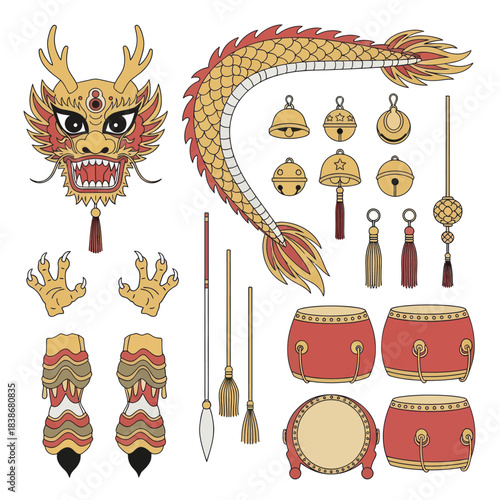 Traditional Chinese Dragon Dance Festival Elements Vector Illustration