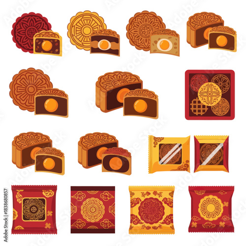 Traditional Chinese Mooncakes with Egg Yolk Fillings and Festive Packaging