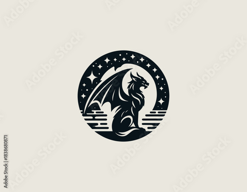 Night sky guardian gargoyle perched in powerful silhouette shown in bold black vector logo illustration