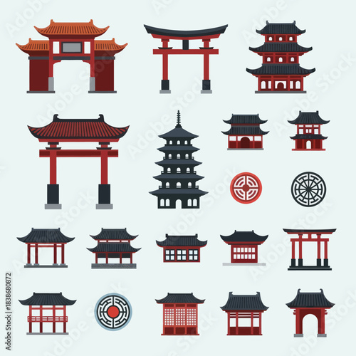 Traditional East Asian Temples, Pagodas, and Torii Gates Vector Icons Set