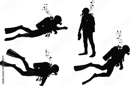 Scuba divers silhouette underwater, professional diving illustration, deep sea exploration concept, marine adventure vector, ocean sport activity art design