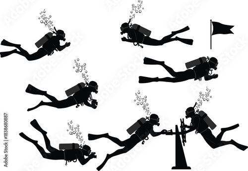 Scuba divers underwater silhouette, deep sea exploration, diving team illustration, marine adventure concept, underwater photography design, ocean diving activity art