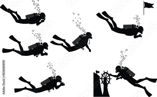 Scuba divers underwater silhouette, professional diving team illustration, deep sea exploration concept, ocean adventure art, marine sport vector design,