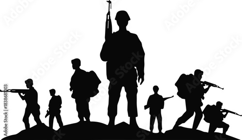 Silhouette of brave soldiers standing with rifles on battlefield, teamwork, courage, war concept, military strength, army unity, heroism illustration