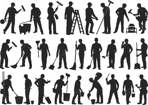 Silhouette of cleaning workers, janitors, painters, and maintenance staff working with tools, ladders, mops, and buckets, industrial labor vector