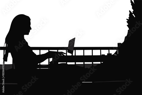 Silhouette of woman working on laptop outdoors, freelance work lifestyle, remote job concept, peaceful outdoor workspace and productivity illustration