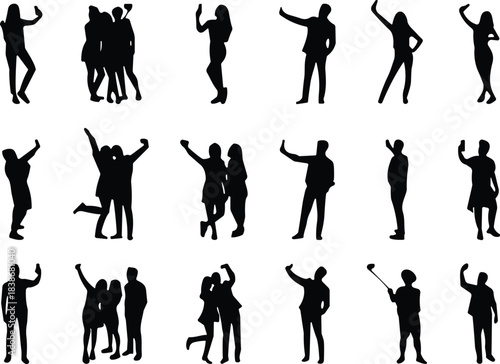 Silhouette people taking selfies, group friends posing with smartphones, modern technology concept, social media lifestyle, fun communication, black figures isolated