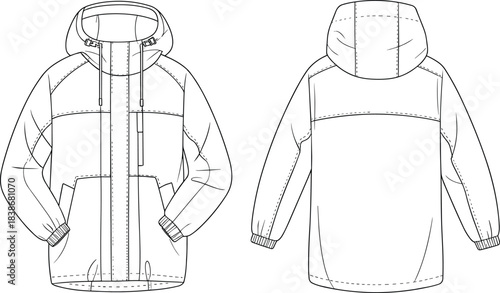 Technical winter jacket fashion flat sketch, front and back view, hoodie outerwear design, vector template, apparel technical drawing illustration