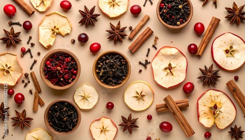 Fototapeta Naklejka Na Ścianę i Meble -  Aromatic winter spice blend with dried apples and cranberries scattered for culinary inspiration