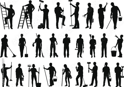 Worker silhouette collection, construction labor, painting, cleaning tools, handyman vector set, maintenance staff illustration, industrial job people design