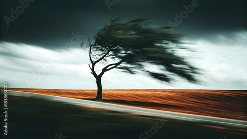 A solitary tree bends dramatically in a strong wind across a windswept field