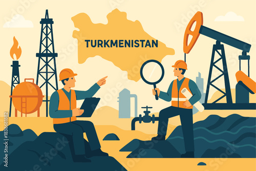 Wide Oil Gas Industry Scene Illustration Featuring Turkmenistan Geology Workers Energy Extraction Minimal Industrial Layout