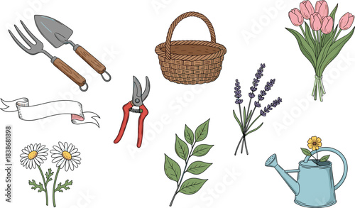 Gardening tools, flowers, and spring elements in colorful vector style for botanical design, nature decor, floral illustration, and garden themes
