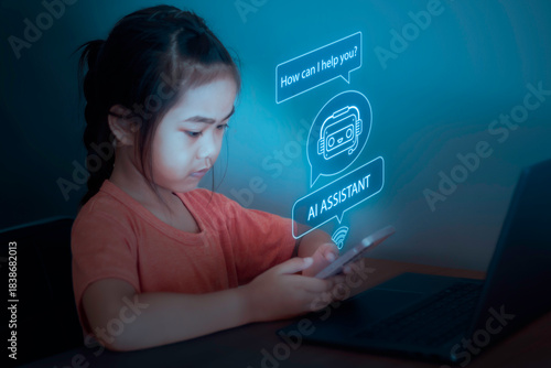 Young girl interacting with virtual AI assistant while using smartphone and laptop in dimly lit room